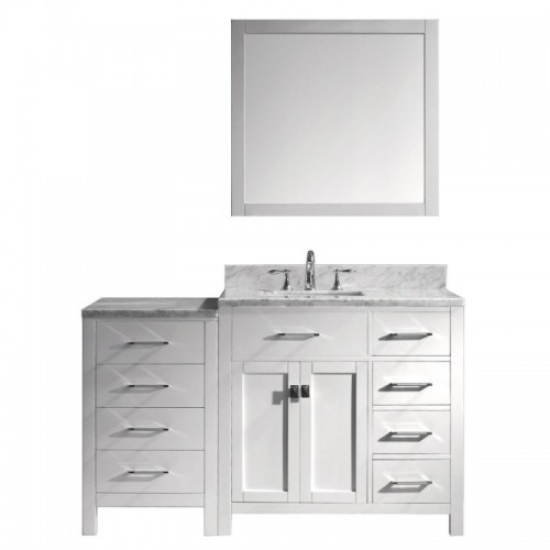Caroline Parkway 57" Single Bathroom Vanity in White with Marble Top and Square Sink with Polished Chrome Faucet and Mirror