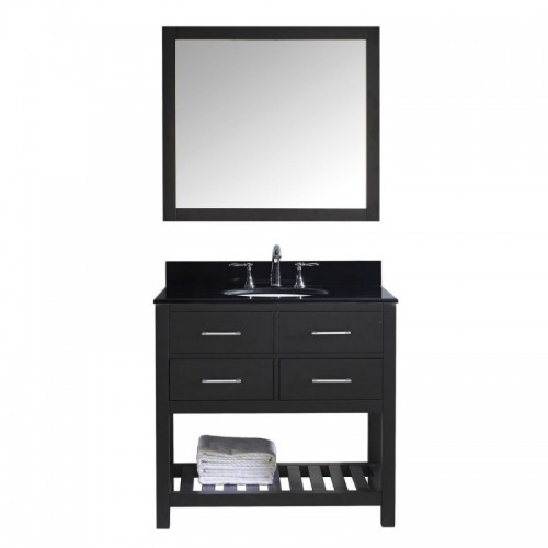 Caroline Estate 36" Single Bathroom Vanity in Espresso with Black Galaxy Granite Top and Round Sink with Polished Chrome Faucet and Mirror