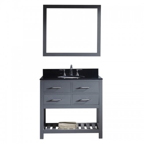 Caroline Estate 36" Single Bathroom Vanity in Grey with Black Galaxy Granite Top and Round Sink with Mirror