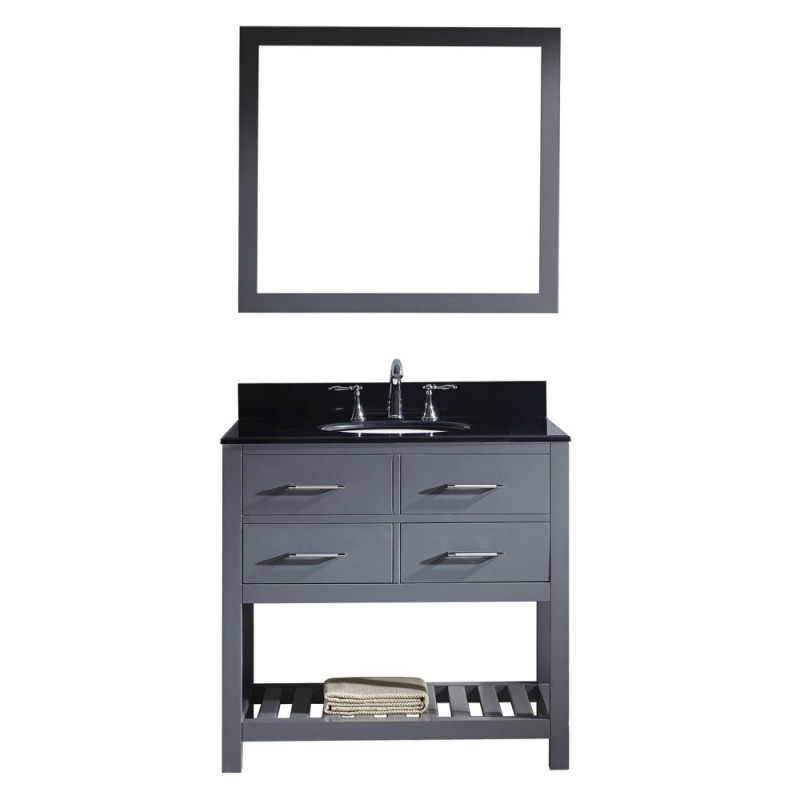 Caroline Estate 36" Single Bathroom Vanity in Grey with Black Galaxy Granite Top and Round Sink with Mirror