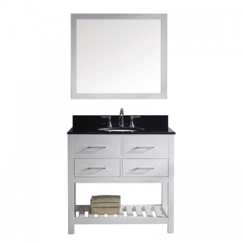 Caroline Estate 36" Single Bathroom Vanity in White with Black Galaxy Granite Top and Round Sink with Polished Chrome Faucet and Mirror