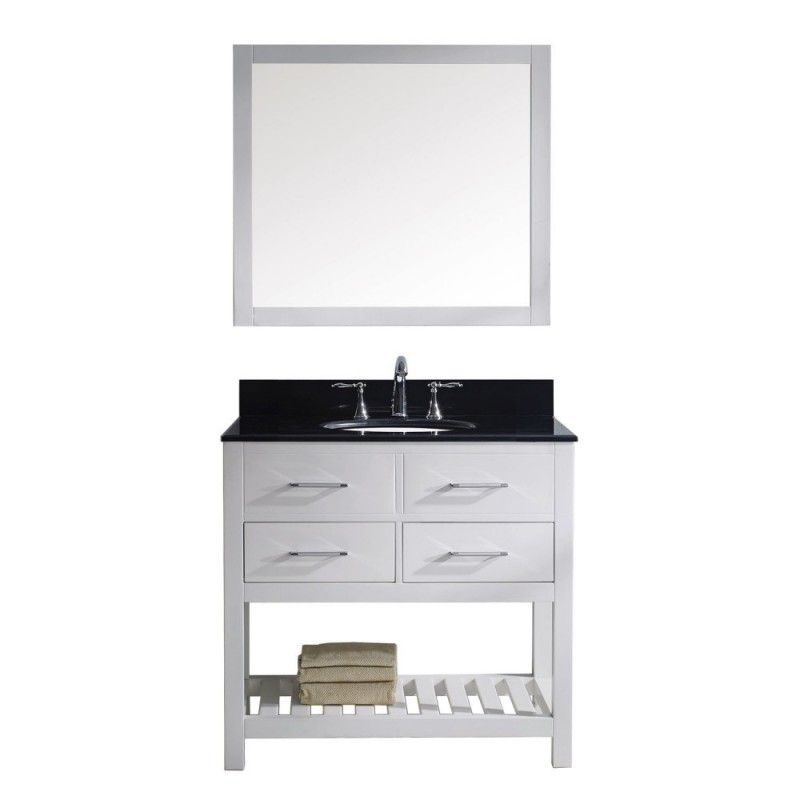 Caroline Estate 36" Single Bathroom Vanity in White with Black Galaxy Granite Top and Round Sink with Polished Chrome Faucet and Mirror
