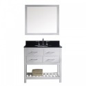 Caroline Estate 36" Single Bathroom Vanity in White with Black Galaxy Granite Top and Round Sink with Polished Chrome Faucet and Mirror
