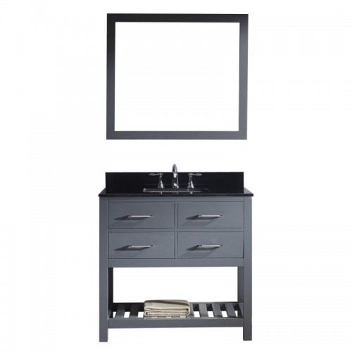 Caroline Estate 36" Single Bathroom Vanity in Grey with Black Galaxy Granite Top and Square Sink with Mirror