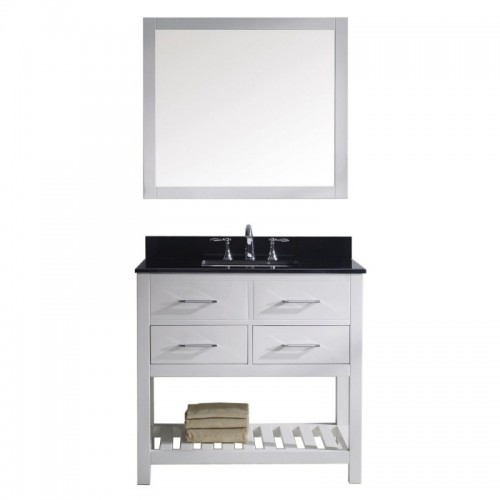 Caroline Estate 36" Single Bathroom Vanity in White with Black Galaxy Granite Top and Square Sink with Mirror
