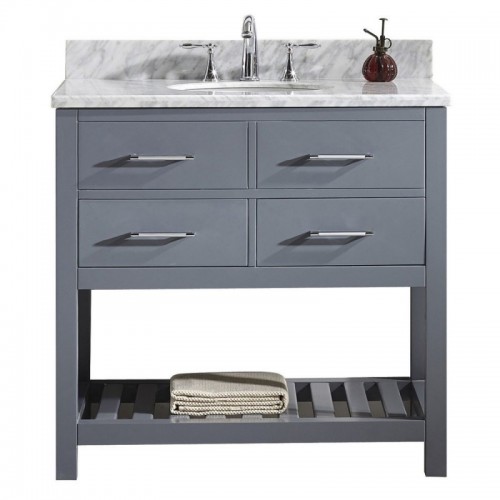 Caroline Estate 36" Single Bathroom Vanity in Grey with Marble Top and Round Sink with Mirror
