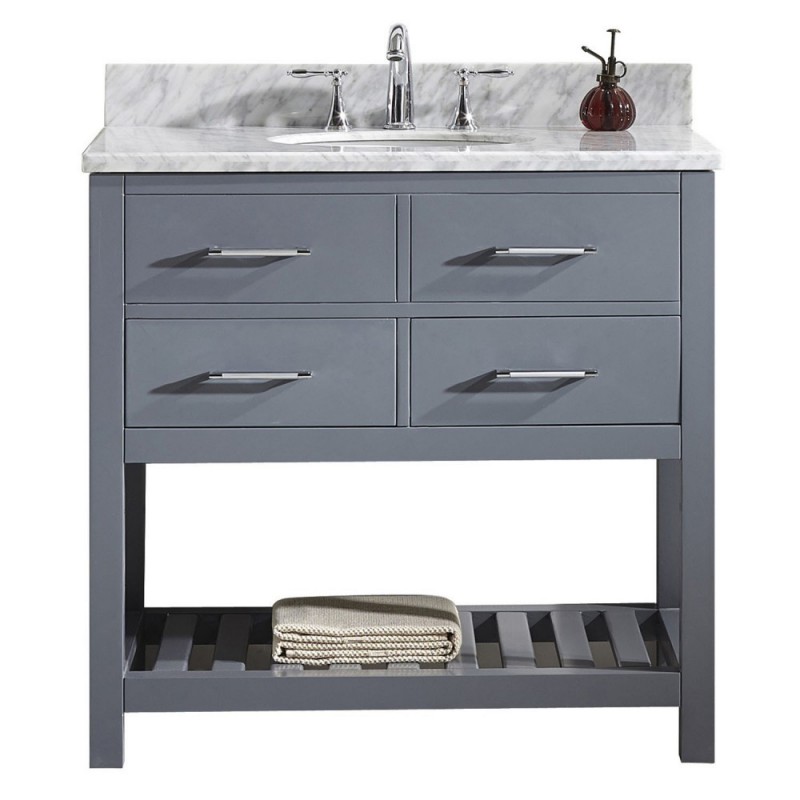 Caroline Estate 36" Single Bathroom Vanity in Grey with Marble Top and Round Sink with Mirror