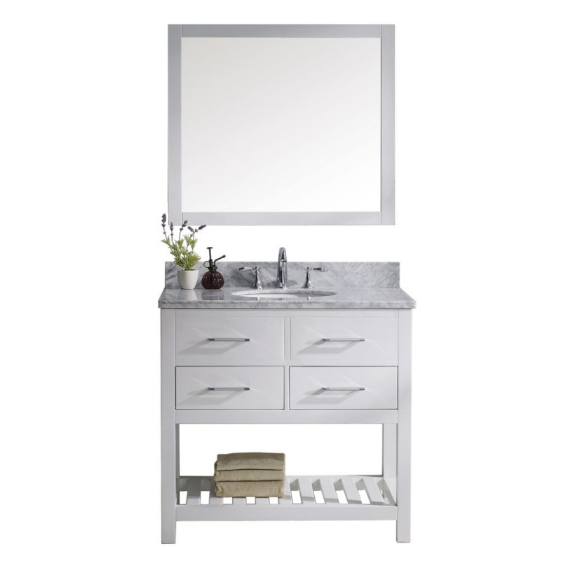 Caroline Estate 36" Single Bathroom Vanity in White with Marble Top and Round Sink with Brushed Nickel Faucet and Mirror