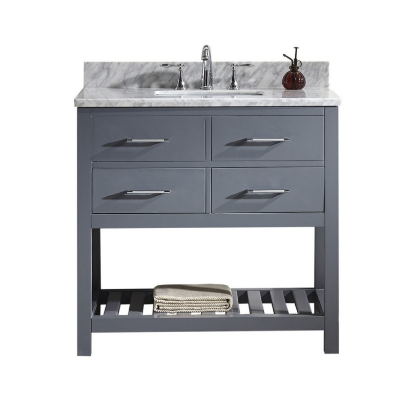Caroline Estate 36" Single Bathroom Vanity in Grey with Marble Top and Square Sink with Mirror