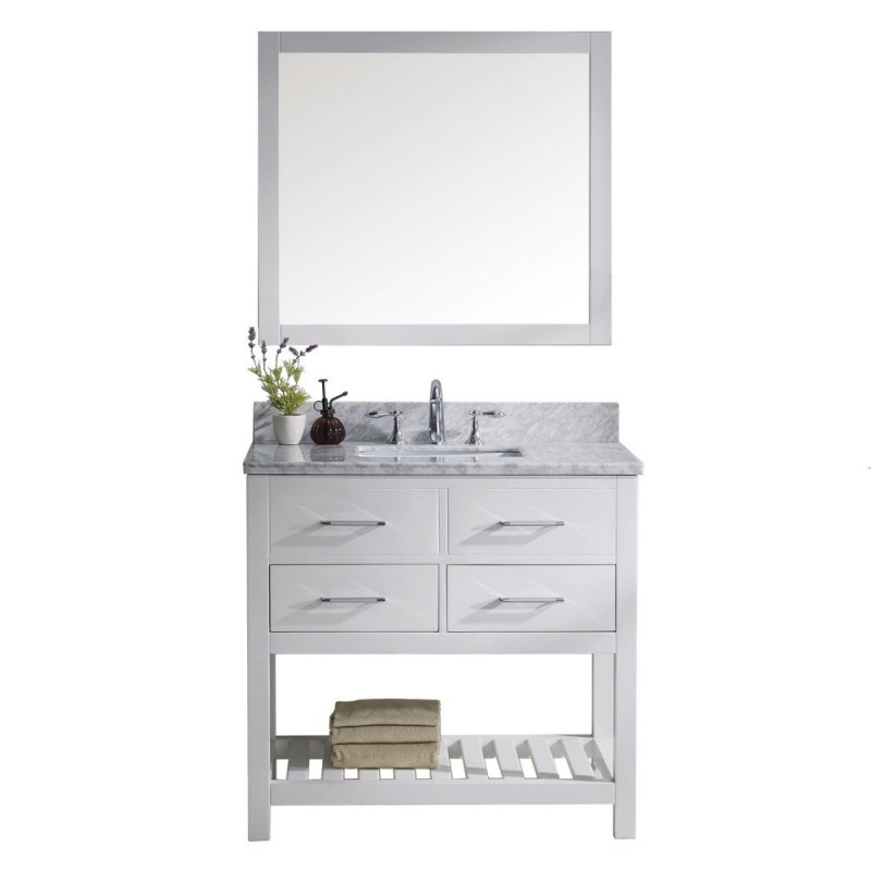 Caroline Estate 36" Single Bathroom Vanity in White with Marble Top and Square Sink with Mirror