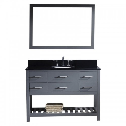 Caroline Estate 48" Single Bathroom Vanity in Grey with Black Galaxy Granite Top and Round Sink with Brushed Nickel Faucet and Mirror