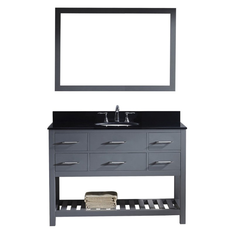 Caroline Estate 48" Single Bathroom Vanity in Grey with Black Galaxy Granite Top and Round Sink with Brushed Nickel Faucet and Mirror