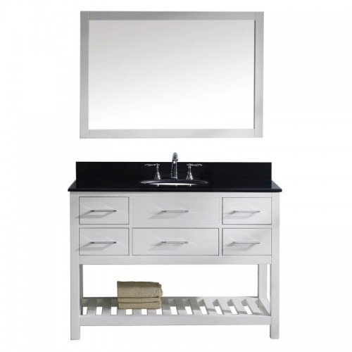 Caroline Estate 48" Single Bathroom Vanity in White with Black Galaxy Granite Top and Round Sink with Polished Chrome Faucet and Mirror