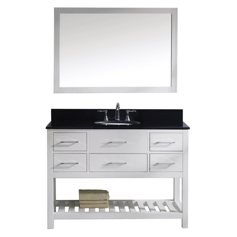 Caroline Estate 48" Single Bathroom Vanity in White with Black Galaxy Granite Top and Round Sink with Polished Chrome Faucet and Mirror