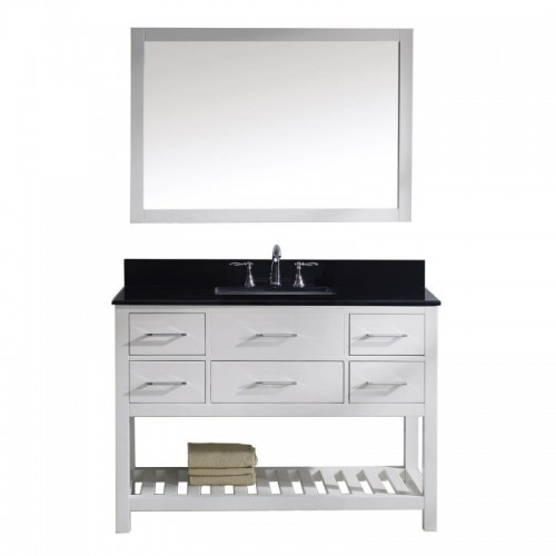 Caroline Estate 48" Single Bathroom Vanity in White with Black Galaxy Granite Top and Square Sink with Polished Chrome Faucet and Mirror