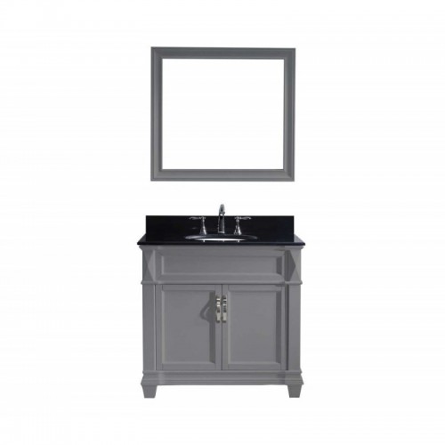 Victoria 36" Single Bathroom Vanity in Grey with Black Galaxy Granite Top and Round Sink with Brushed Nickel Faucet and Mirror