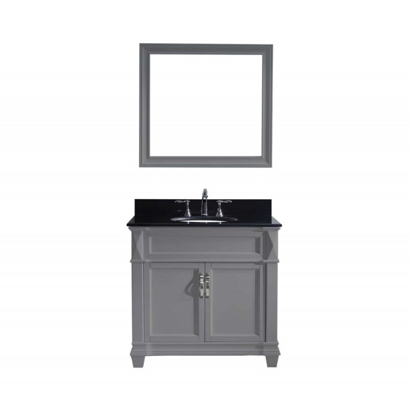 Victoria 36" Single Bathroom Vanity in Grey with Black Galaxy Granite Top and Round Sink with Brushed Nickel Faucet and Mirror