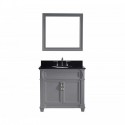 Victoria 36" Single Bathroom Vanity in Grey with Black Galaxy Granite Top and Round Sink with Polished Chrome Faucet and Mirror