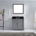 Victoria 36" Single Bathroom Vanity in Grey with Black Galaxy Granite Top and Round Sink with Polished Chrome Faucet and Mirror