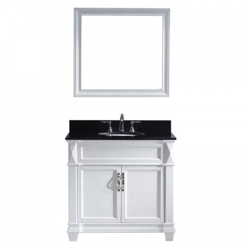 Victoria 36" Single Bathroom Vanity in White with Black Galaxy Granite Top and Round Sink with Brushed Nickel Faucet and Mirror