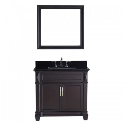 Victoria 36" Single Bathroom Vanity in Espresso with Black Galaxy Granite Top and Square Sink with Brushed Nickel Faucet and Mirror