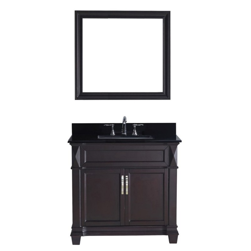 Victoria 36" Single Bathroom Vanity in Espresso with Black Galaxy Granite Top and Square Sink with Brushed Nickel Faucet and Mirror