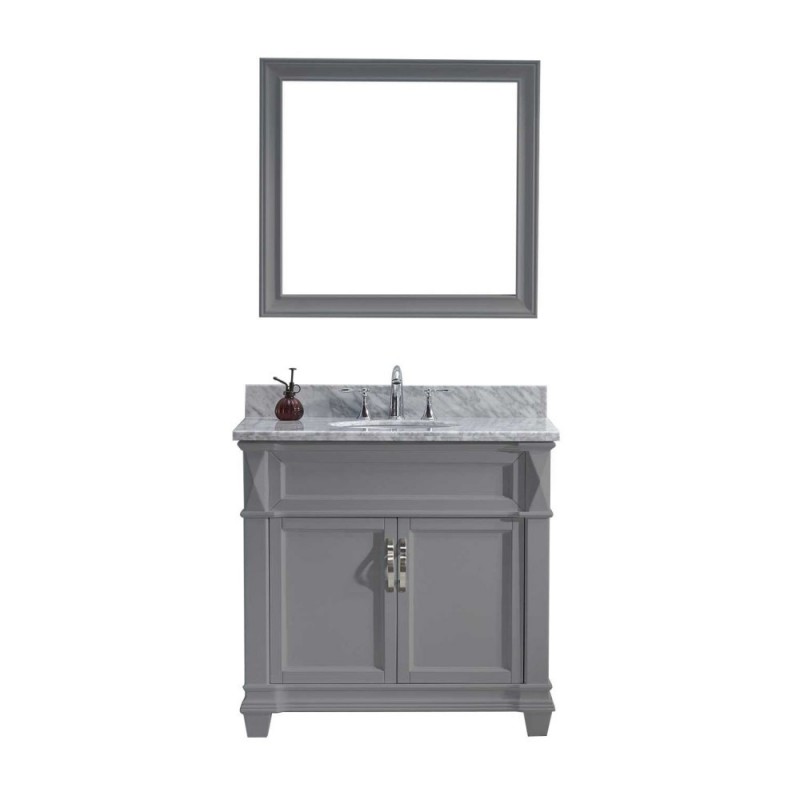Victoria 36" Single Bathroom Vanity in Grey with Marble Top and Round Sink with Mirror