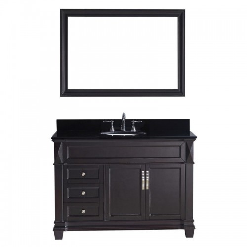 Victoria 48" Single Bathroom Vanity in Espresso with Black Galaxy Granite Top and Round Sink with Polished Chrome Faucet and Mirror