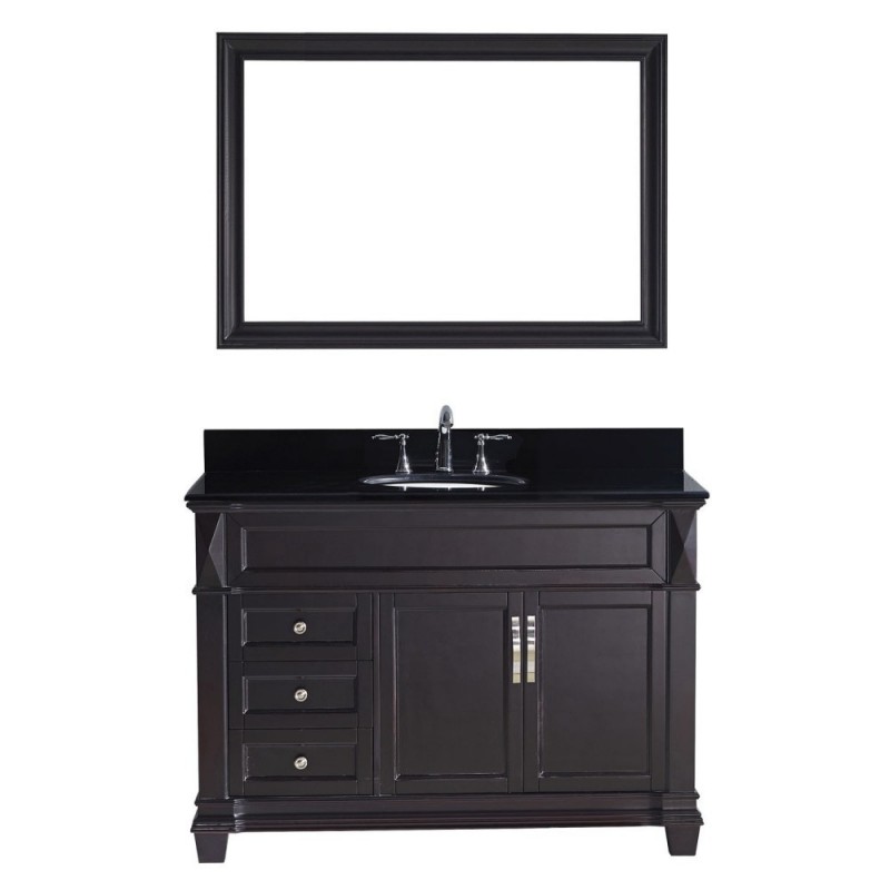Victoria 48" Single Bathroom Vanity in Espresso with Black Galaxy Granite Top and Round Sink with Polished Chrome Faucet and Mirror