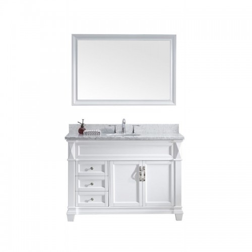 Victoria 48" Single Bathroom Vanity in White with Marble Top and Round Sink with Brushed Nickel Faucet and Mirror