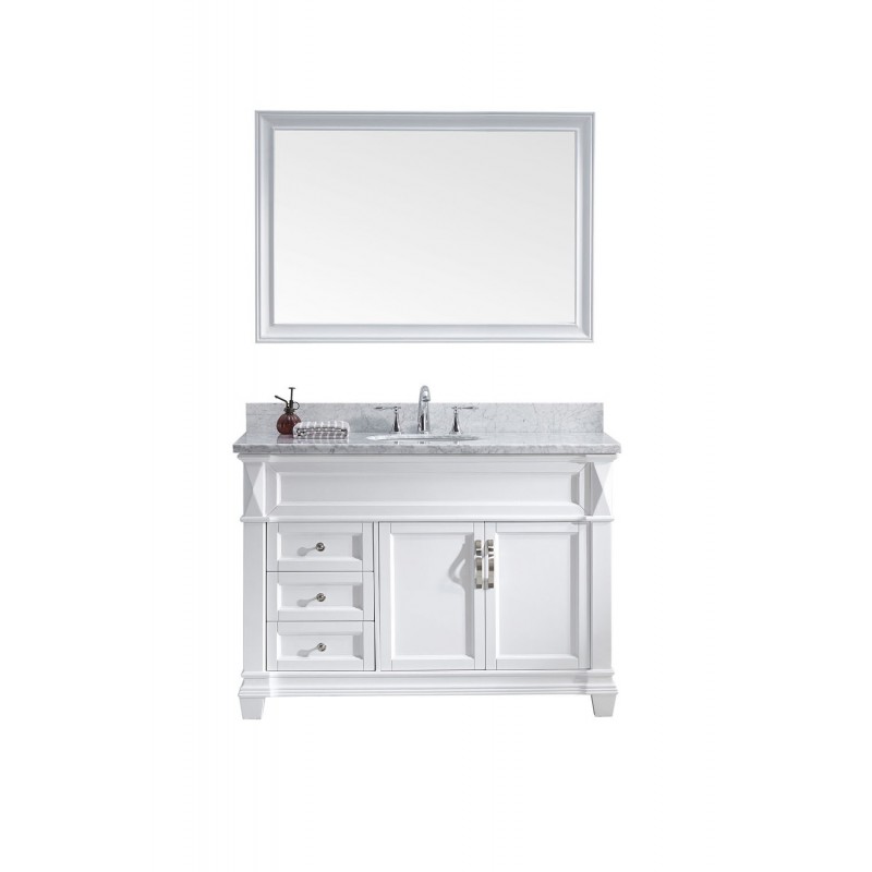 Victoria 48" Single Bathroom Vanity in White with Marble Top and Square Sink with Brushed Nickel Faucet and Mirror