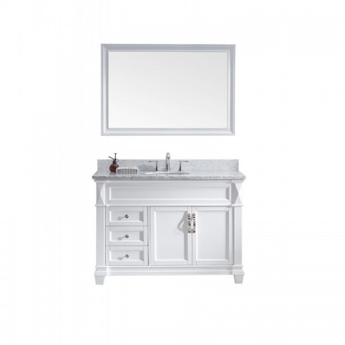 Victoria 48" Single Bathroom Vanity in White with Marble Top and Square Sink with Polished Chrome Faucet and Mirror