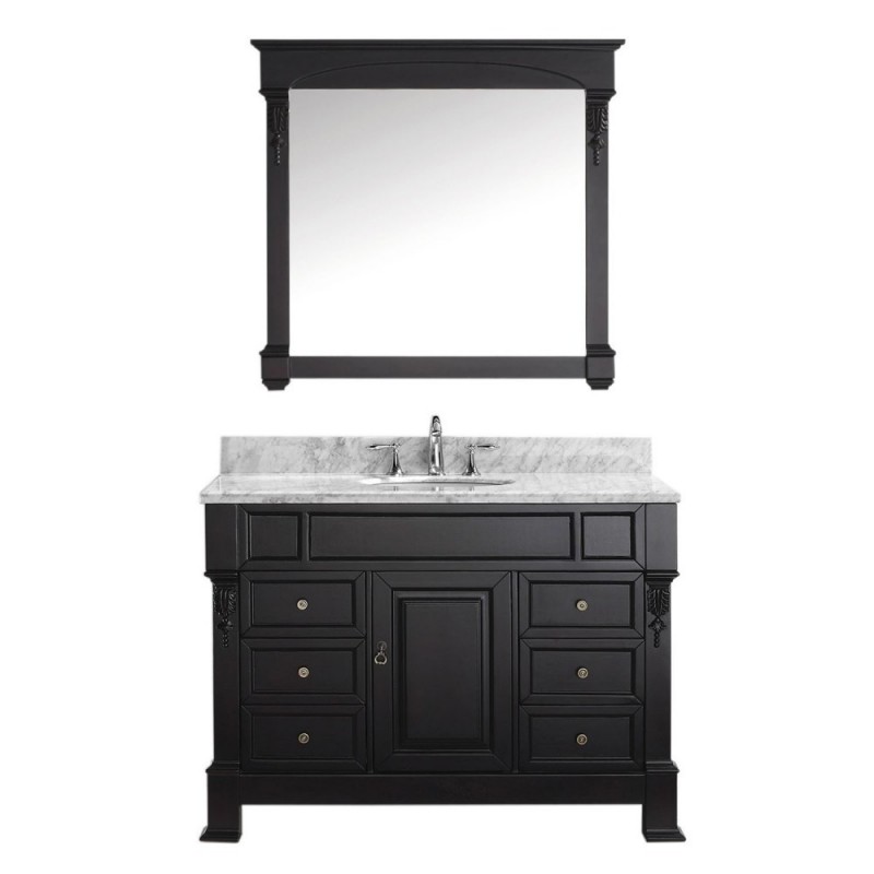 Huntshire Manor 48" Single Bathroom Vanity in Dark Walnut with Marble Top and Round Sink with Brushed Nickel Faucet and Mirror