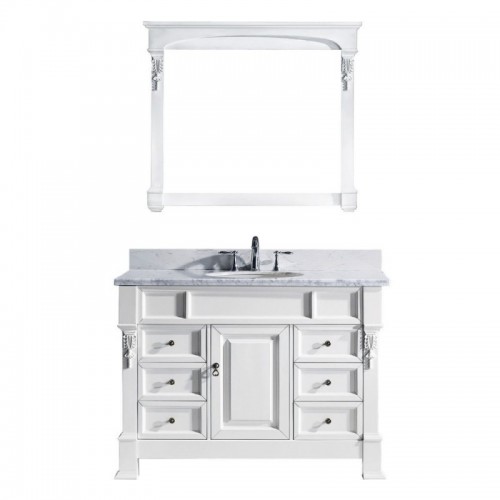 Huntshire Manor 48" Single Bathroom Vanity in White with Marble Top and Round Sink with Polished Chrome Faucet and Mirror