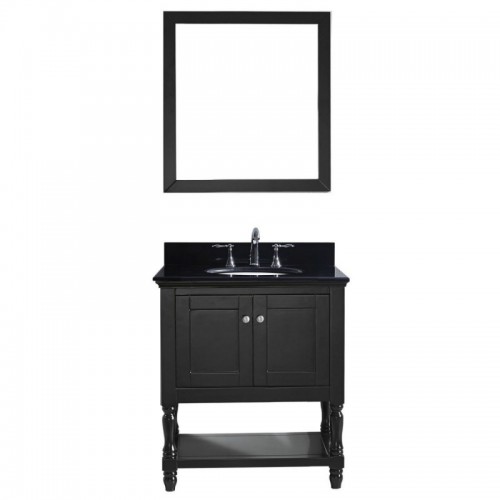 Julianna 32" Single Bathroom Vanity in Espresso with Black Galaxy Granite Top and Round Sink with Brushed Nickel Faucet and Mirror