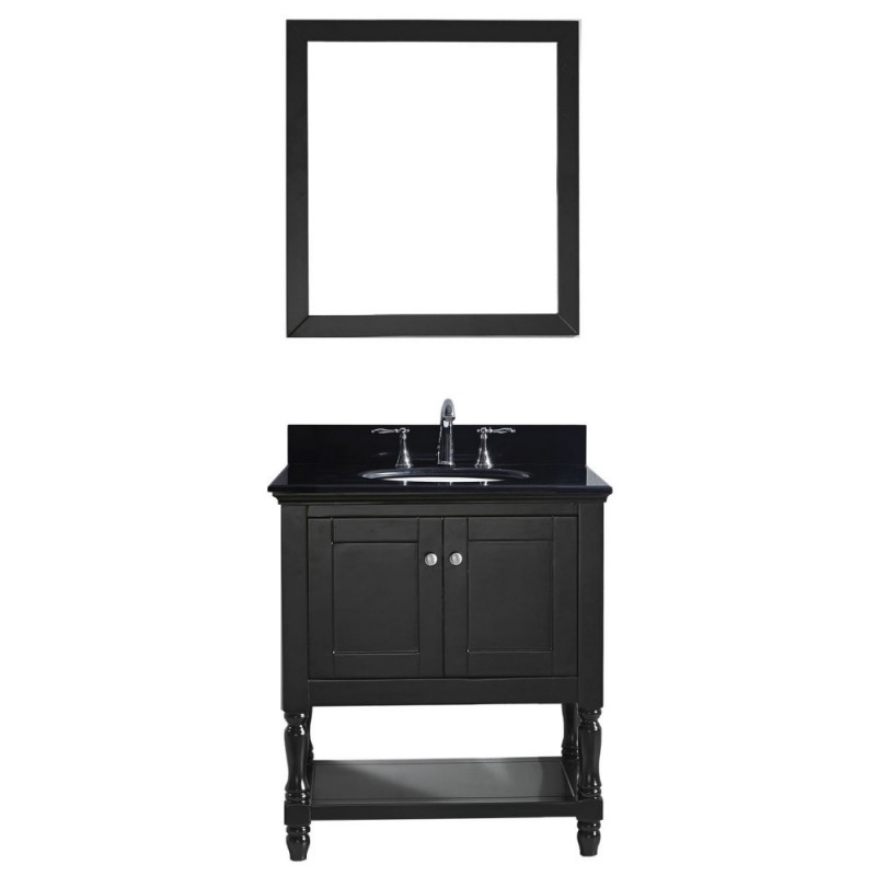 Julianna 32" Single Bathroom Vanity in Espresso with Black Galaxy Granite Top and Round Sink with Brushed Nickel Faucet and Mirror