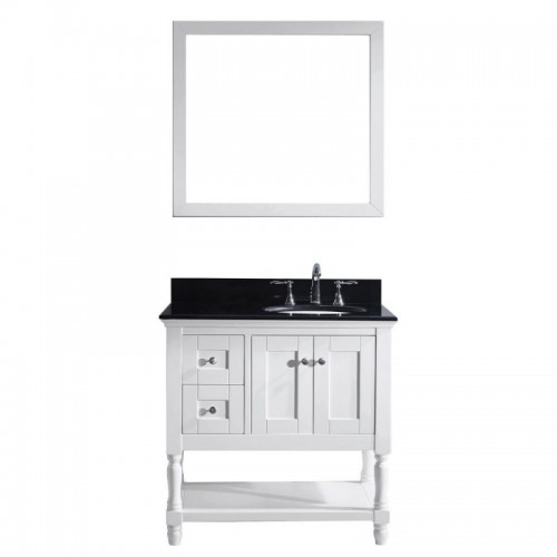 Julianna 36" Single Bathroom Vanity in White with Black Galaxy Granite Top and Round Sink with Brushed Nickel Faucet and Mirror