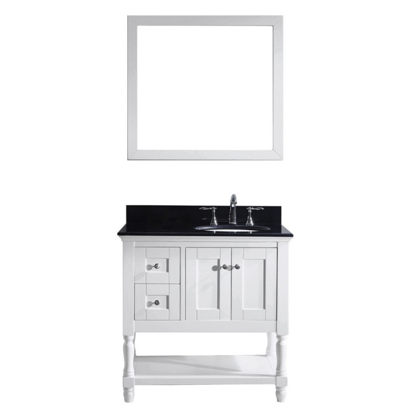 Julianna 36" Single Bathroom Vanity in White with Black Galaxy Granite Top and Round Sink with Brushed Nickel Faucet and Mirror