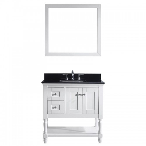 Julianna 36" Single Bathroom Vanity in White with Black Galaxy Granite Top and Square Sink with Polished Chrome Faucet and Mirror