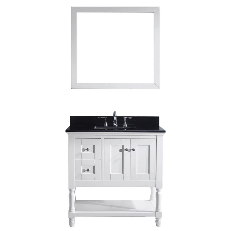 Julianna 36" Single Bathroom Vanity in White with Black Galaxy Granite Top and Square Sink with Polished Chrome Faucet and Mirror