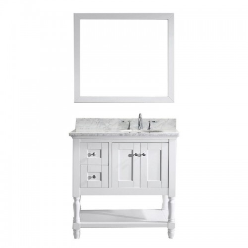 Julianna 36" Single Bathroom Vanity in White with Marble Top and Round Sink with Polished Chrome Faucet and Mirror