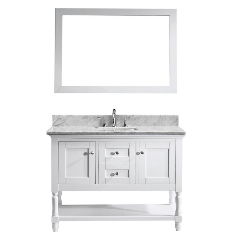 Julianna 48" Single Bathroom Vanity in White with Marble Top and Square Sink with Brushed Nickel Faucet and Mirror