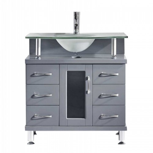 Vincente 32" Single Bathroom Vanity in Grey with Frosted Tempered Glass Top and Round Sink