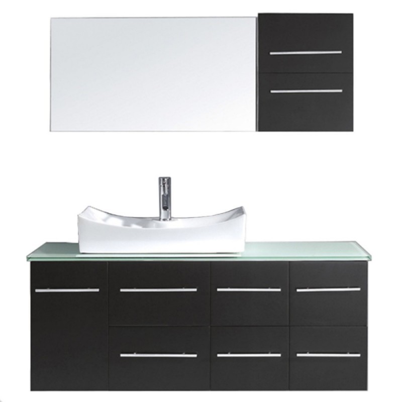 Ceanna 55" Single Bathroom Vanity in Espresso with Aqua Tempered Glass Top and Square Sink with Polished Chrome Faucet and Mirror