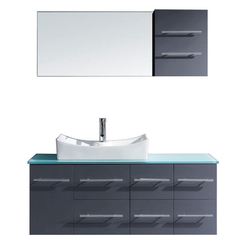 Ceanna 55" Single Bathroom Vanity in Grey with Aqua Tempered Glass Top and Square Sink with Brushed Nickel Faucet and Mirror