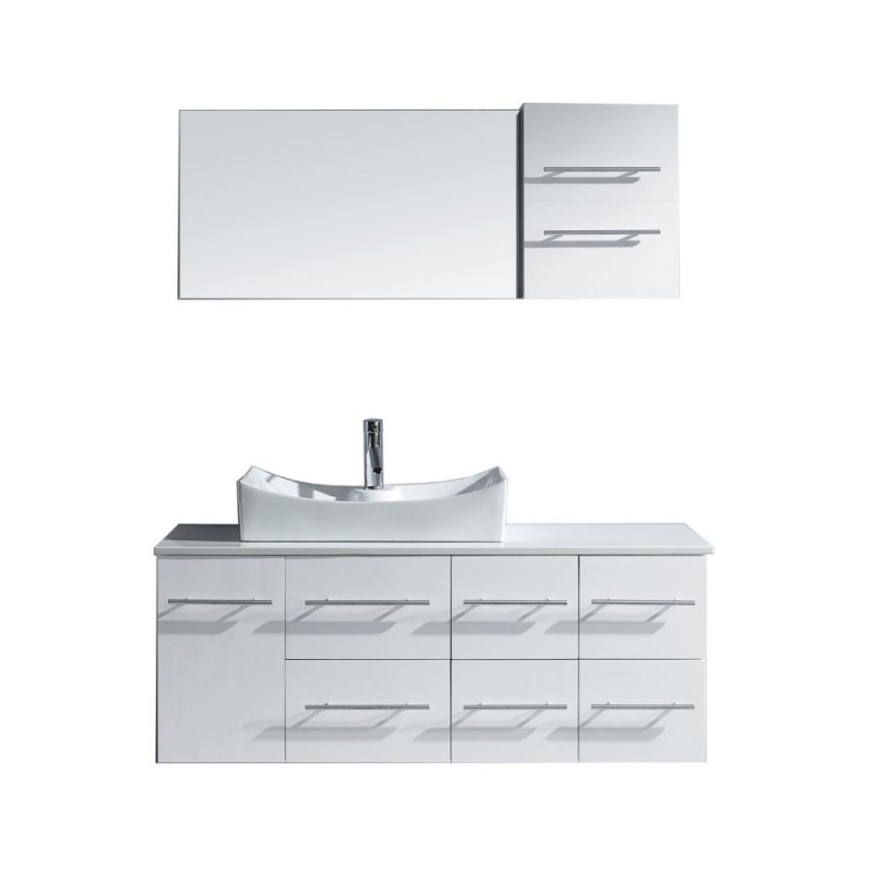 Ceanna 55" Single Bathroom Vanity in White with White Engineered Stone Top and Square Sink with Polished Chrome Faucet and Mirror