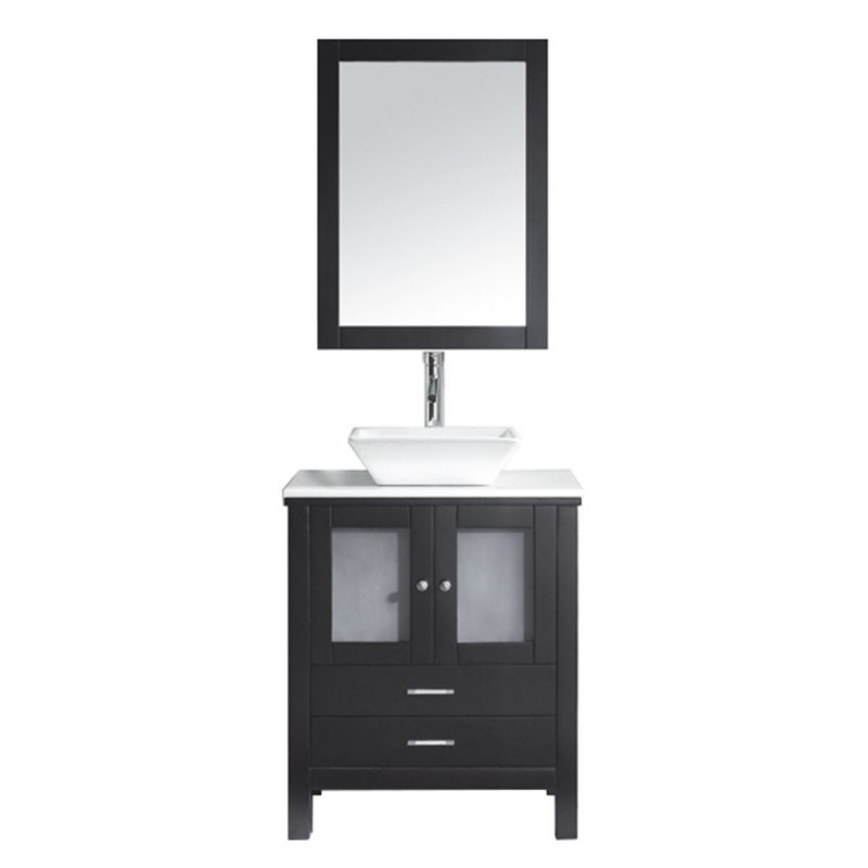 Brentford 28" Single Bathroom Vanity in Espresso with White Engineered Stone Top and Square Sink with Polished Chrome Faucet and Mirror
