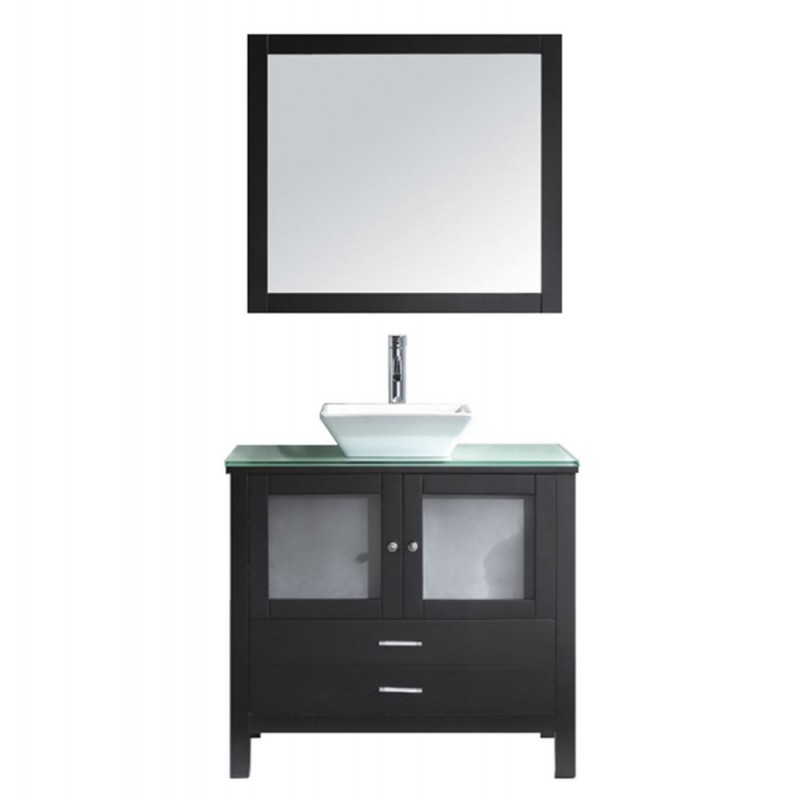 Brentford 36" Single Bathroom Vanity in Espresso with Clear Tempered Glass Top and Square Sink with Brushed Nickel Faucet and Mirror