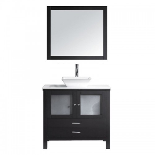 Brentford 36" Single Bathroom Vanity in Espresso with White Engineered Stone Top and Square Sink with Brushed Nickel Faucet and Mirror