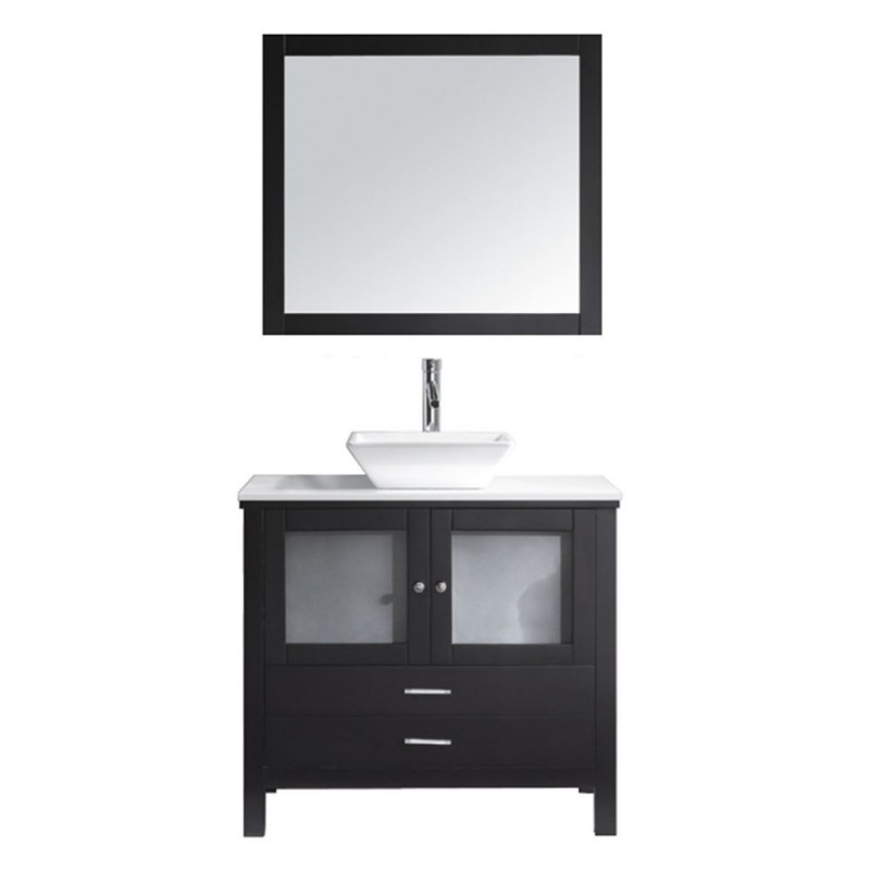 Brentford 36" Single Bathroom Vanity in Espresso with White Engineered Stone Top and Square Sink with Brushed Nickel Faucet and Mirror